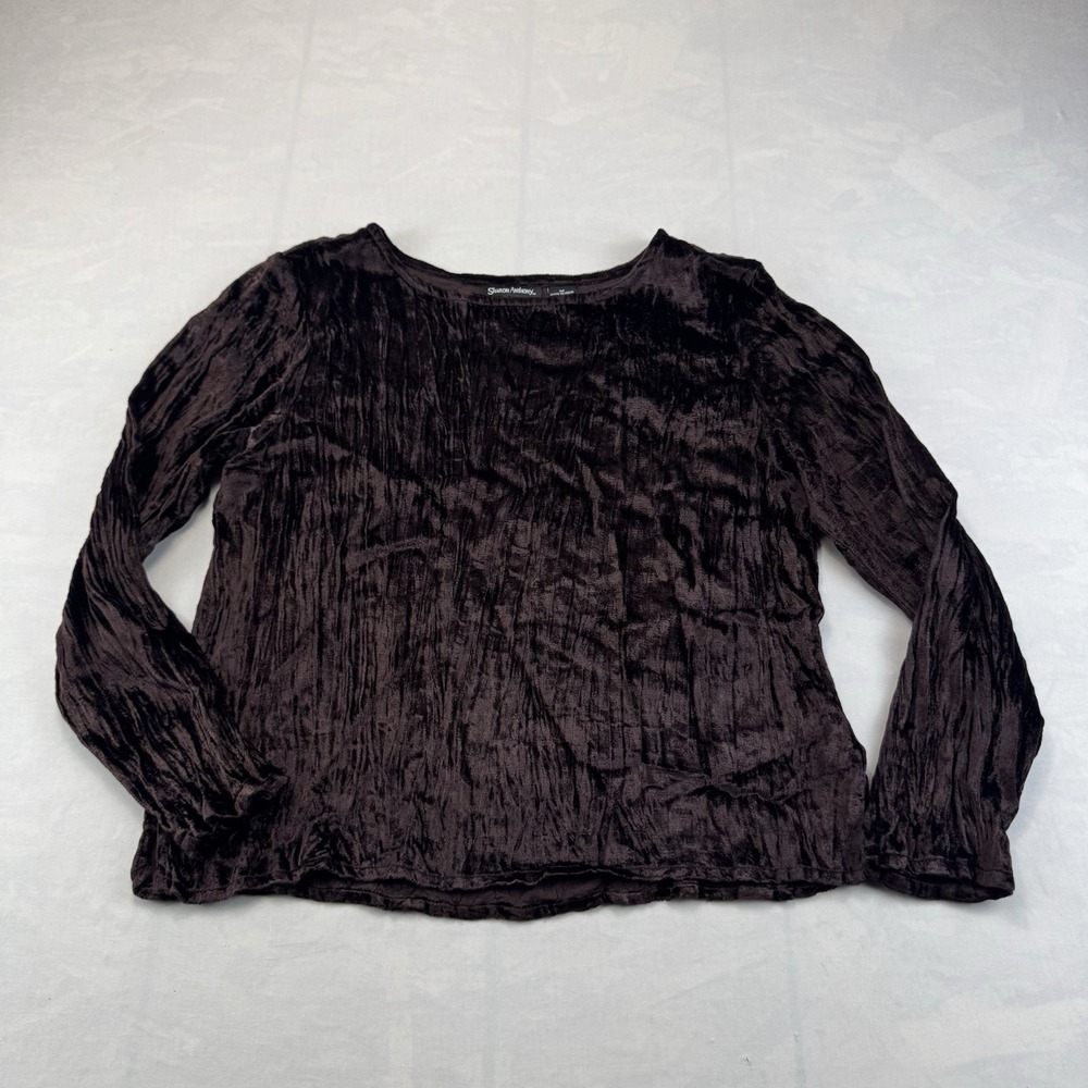 Sharon Anthony Crushed Velvet Burnout Top Women's Medium Brown Long Sleeve